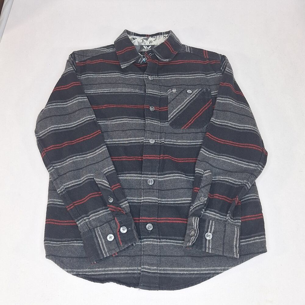 Shaun White Boys Flannel Shirt Size S 6/7 Button Down Grey Black Red Striped Top